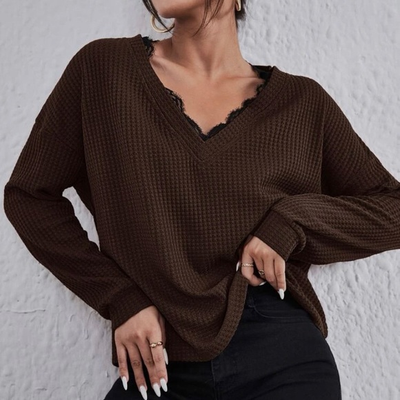 Eyelash Lace Trim Waffle Knit Pullover Top size XS - Picture 1 of 4